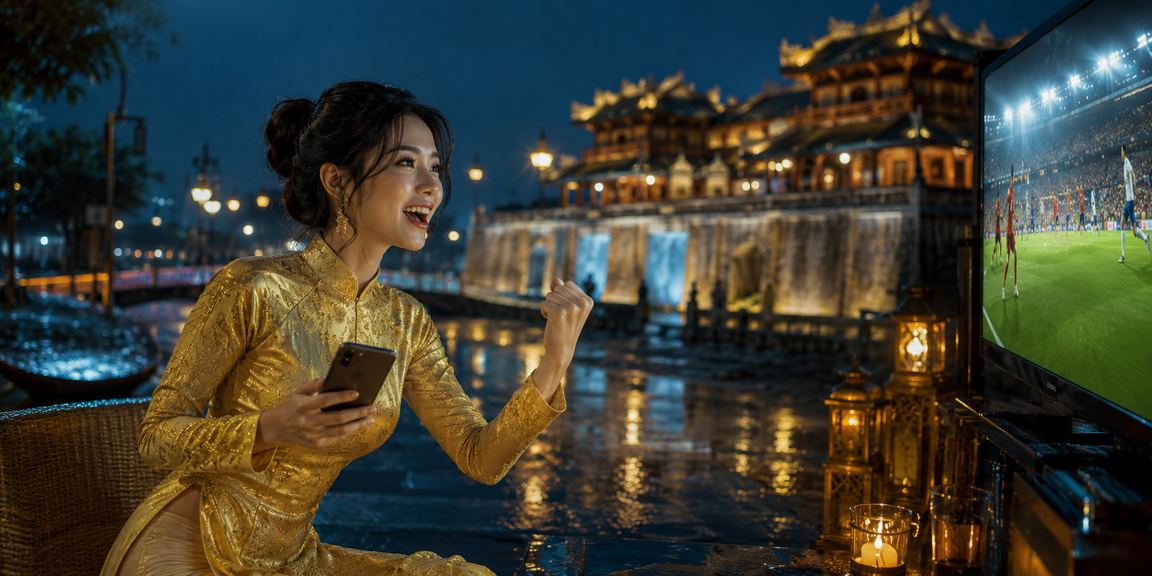 Cô gái mặc áo dài Huế tham gia đặt cược trực tuyến trên điện thoại tại cố đô Huế
